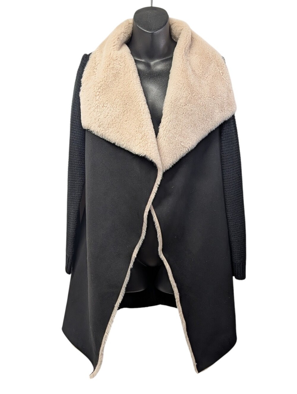 Twelfth Love Womens Black Knit Faux Suede /Fur Open Front Cardigan Collar Size M